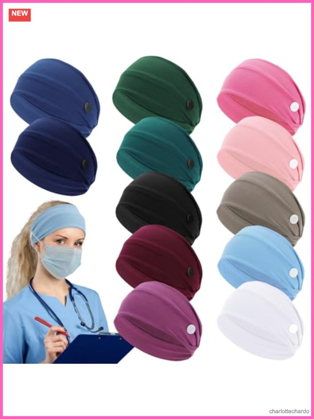 12 Pc Nurse Headbands Non Slip Button Polyester One Size Ear Relief